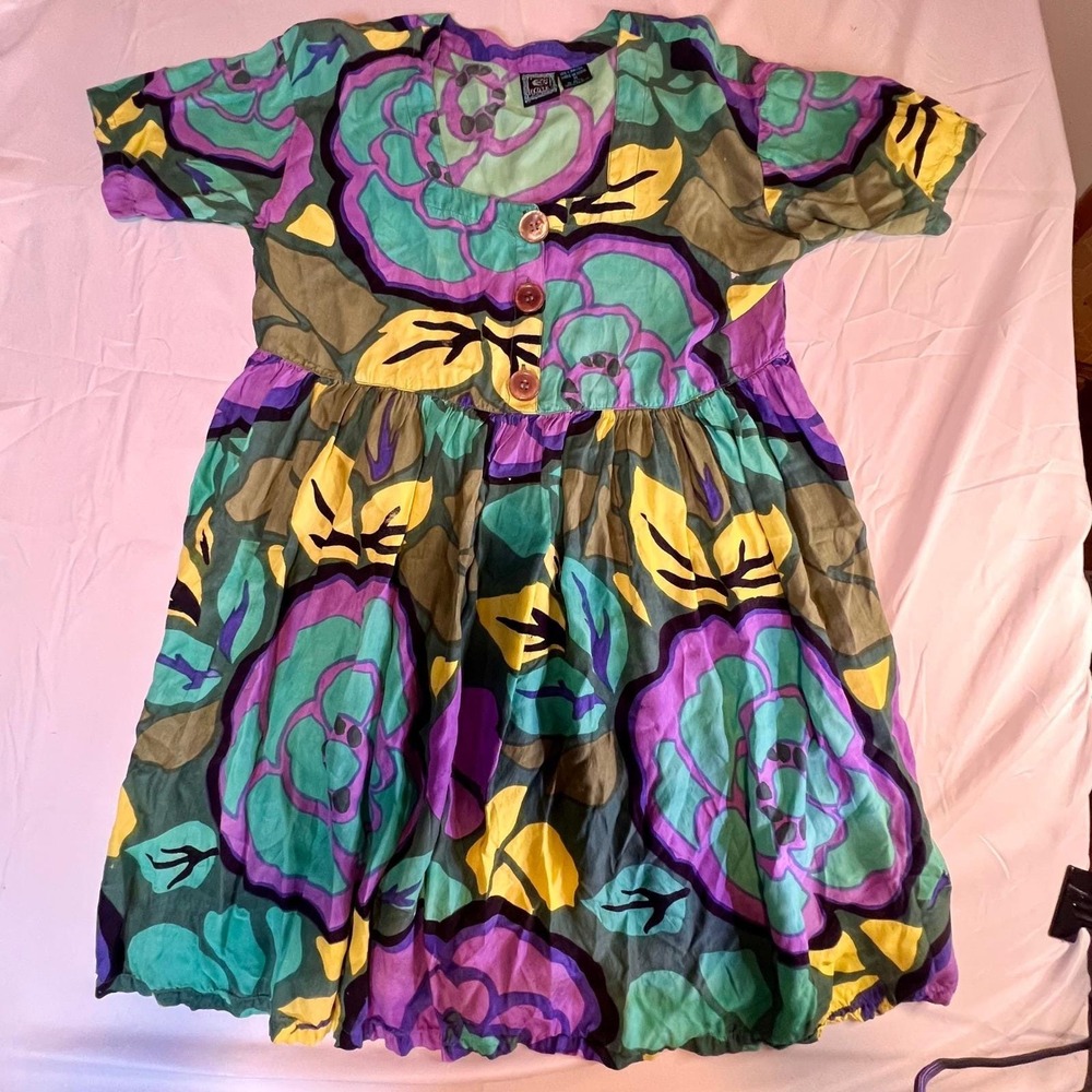 Ecote Medium Floral Mini Dress Teal Purple Rayon Boho Babydoll Whimsigoth Vtg 90